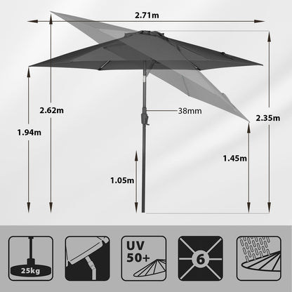 Sekey Sonnenschirm 270 cm mit Kurbel und Kippfunktion, Grau