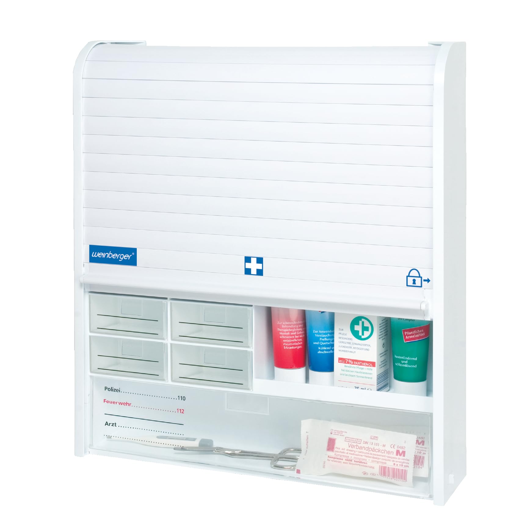 Weinberger Medizinschrank Jalousie - Weiss, abschliessbar. Ein weisser Medizinschrank mit Jalousie zum sicheren Aufbewahren von Medikamenten.