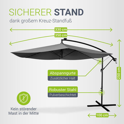Juskys Ampelschirm Brazil 350 cm Solar LED Kurbel – Grau