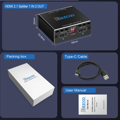 HDMI 2.1 Splitter 1x2 - 8K 60Hz 4K 120Hz VRR ALLM Scaler