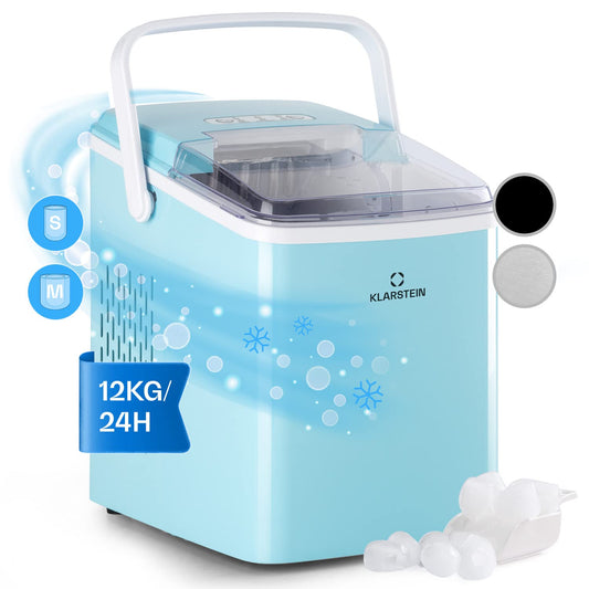 Klarstein Arctic Porter Eiswürfelbereiter. Blaues, kompaktes Gerät zur automatischen Herstellung von Eiswürfeln für Getränke.