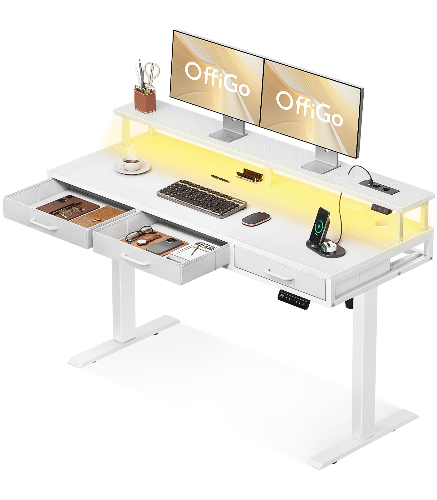 OffiGo Elektrischer Schreibtisch m. Schubladen 140cm Weiss. Rechteckiger, weisser Steh-Sitz-Tisch mit integrierten Schubladen. Ergonomischer Arbeitsplatz.