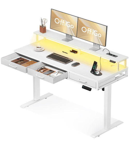 OffiGo Elektrischer Schreibtisch m. Schubladen 140cm Weiss. Rechteckiger, weisser Steh-Sitz-Tisch mit integrierten Schubladen. Ergonomischer Arbeitsplatz.