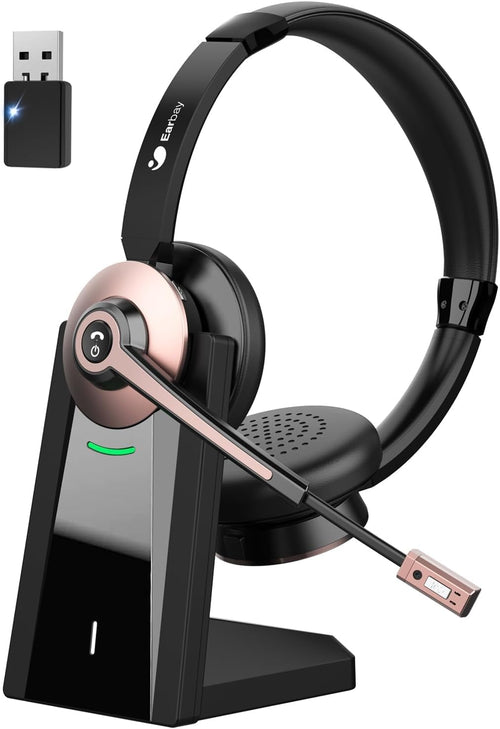 Earbay Bluetooth Headset mit Mikrofon und Rauschunterdrückung, Ohrmuscheln aus Proteinleder, Ladestation