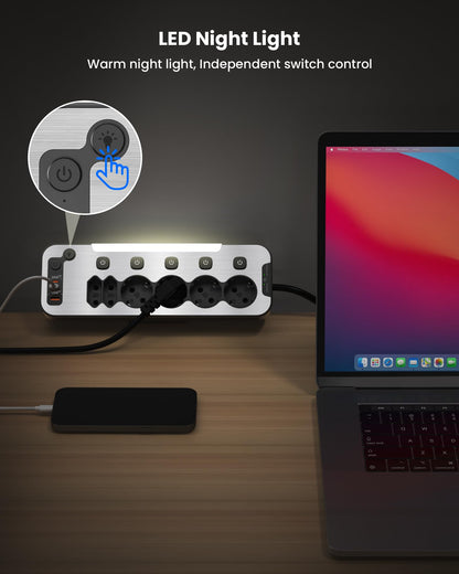 HoniHom Tischsteckdose 6-fach mit USB-C PD 20W, einzeln schaltbar