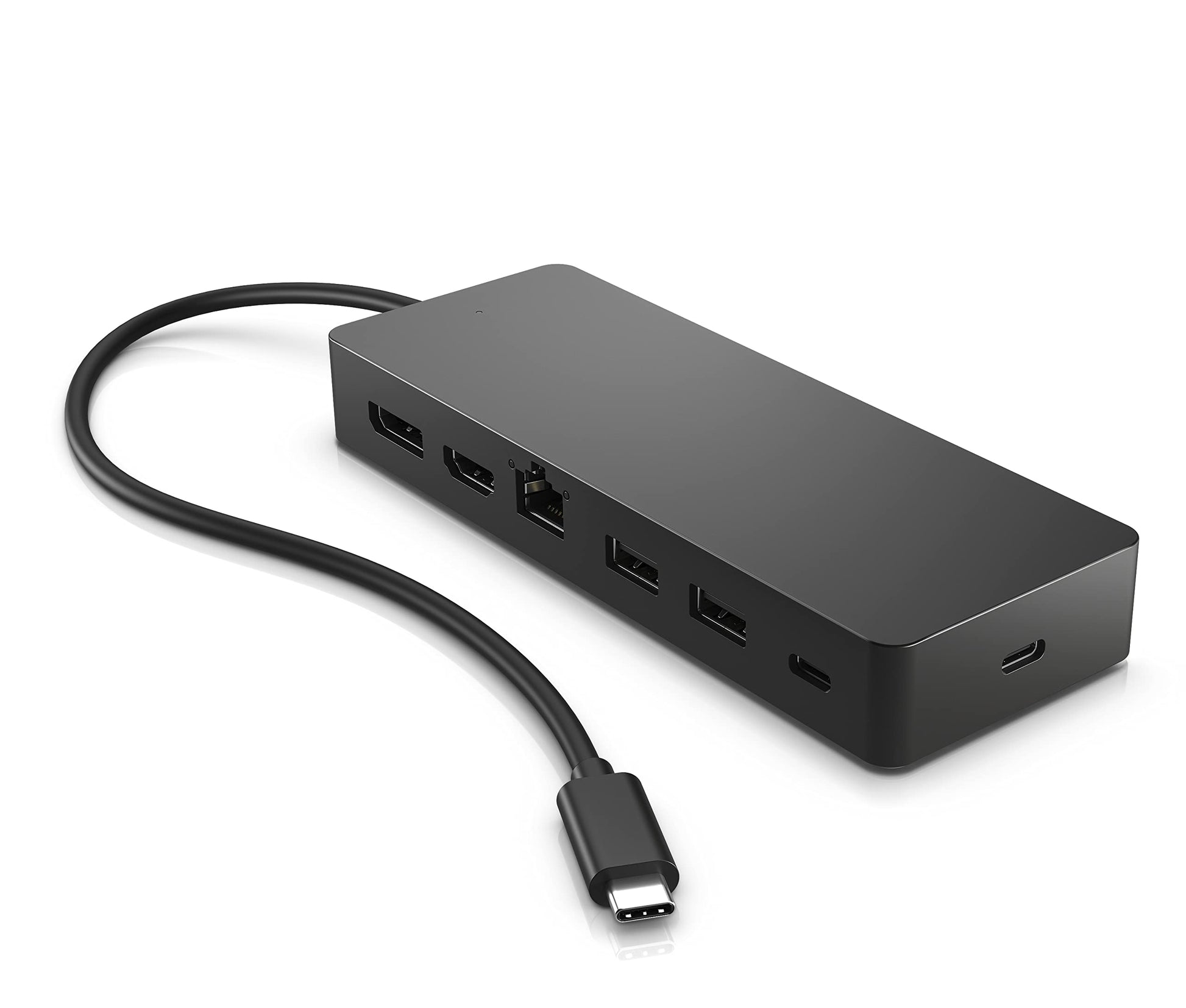 HP USB-C Multiport Hub 7-in-1 Universal Adapter – Schwarz, rechteckig. Erweitert USB-C um 7 Ports für Peripherie.