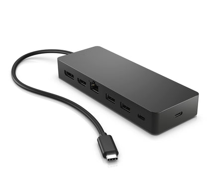 HP USB-C Multiport Hub 7-in-1 Universal Adapter – Schwarz, rechteckig. Erweitert USB-C um 7 Ports für Peripherie.
