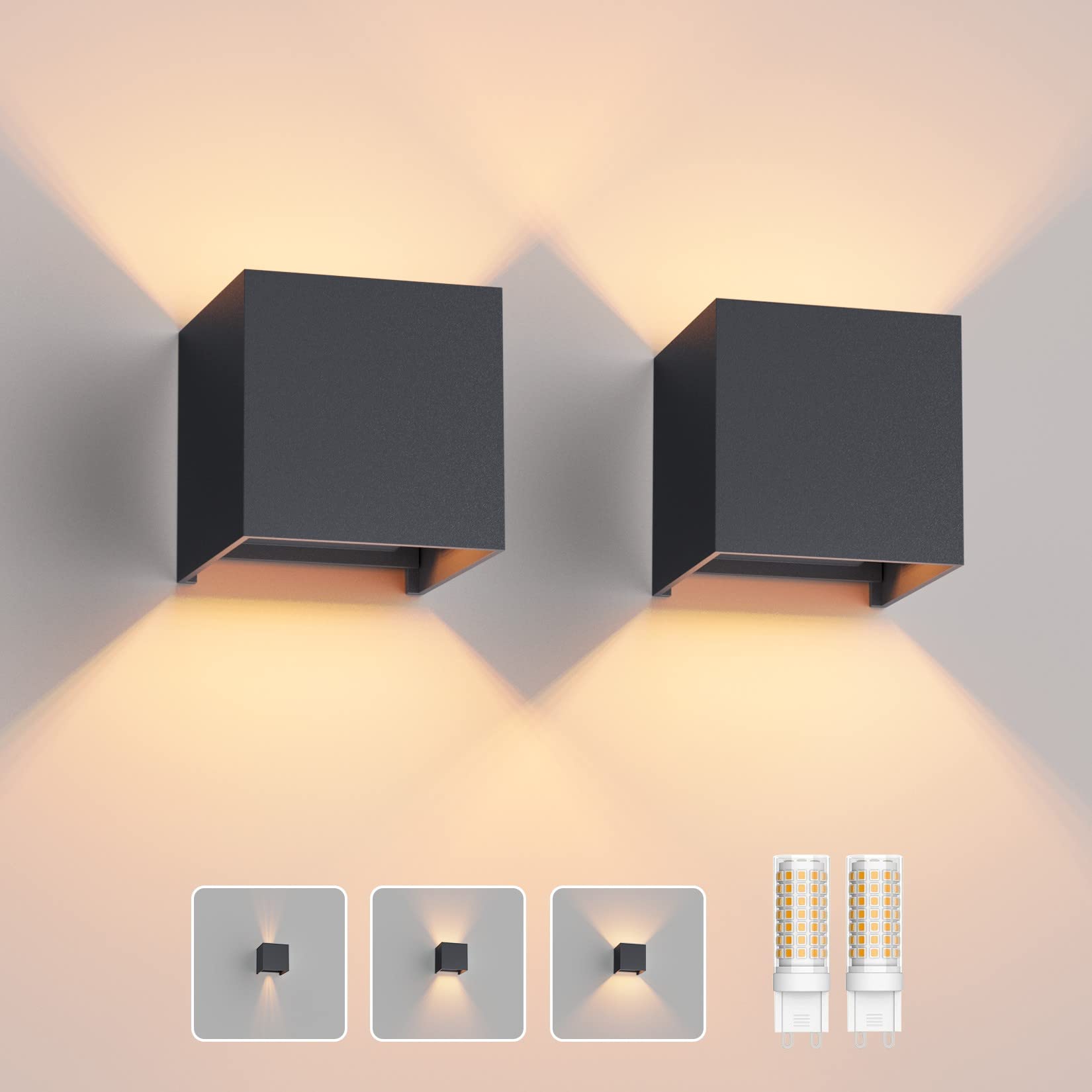 Klighten LED Wandleuchte G9 3000K Anthrazit, aussen/innen, 2er-Set mit kubischem Aluminiumgehäuse