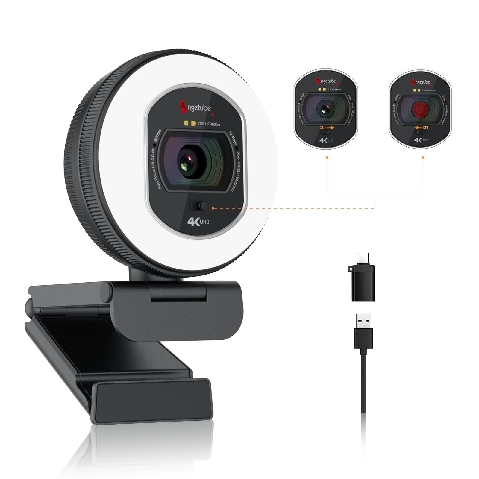 Angetube 4K Webcam mit Licht. Schwarze, rechteckige USB-Kamera mit integriertem Licht für 4K-Streaming an PC/Mac.