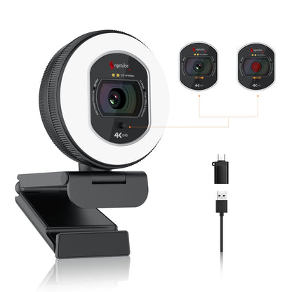 Angetube 4K Webcam mit Licht. Schwarze, rechteckige USB-Kamera mit integriertem Licht für 4K-Streaming an PC/Mac.