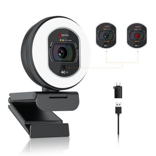 Angetube 4K Webcam mit Licht. Schwarze, rechteckige USB-Kamera mit integriertem Licht für 4K-Streaming an PC/Mac.