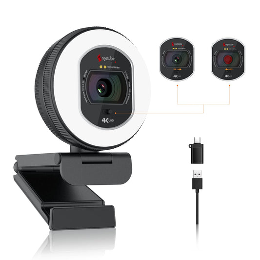 Angetube 4K Webcam mit Licht. Schwarze, rechteckige USB-Kamera mit integriertem Licht für 4K-Streaming an PC/Mac.