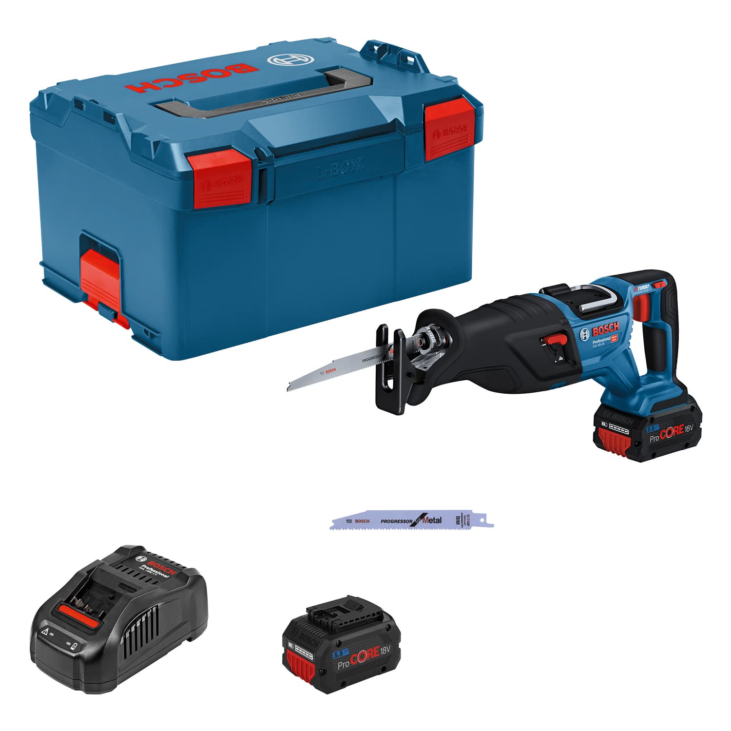 Bosch Professional GSA 18V-28 BITURBO Akku Säbelsäge Set. Blaue/schwarze Akku-Säbelsäge zum Trennen von Holz, Metall und Kunststoff bei Abrissarbeiten.