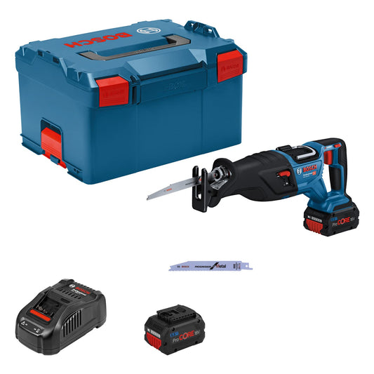Bosch Professional GSA 18V-28 BITURBO Akku Säbelsäge Set. Blaue/schwarze Akku-Säbelsäge zum Trennen von Holz, Metall und Kunststoff bei Abrissarbeiten.