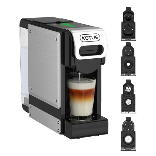 KOTLIE ST-550 Multi-Kapsel Kaffeemaschine 4-in-1, 19 Bar. Schwarzes, kompaktes Gerät brüht Kaffee aus verschiedenen Kapseln.