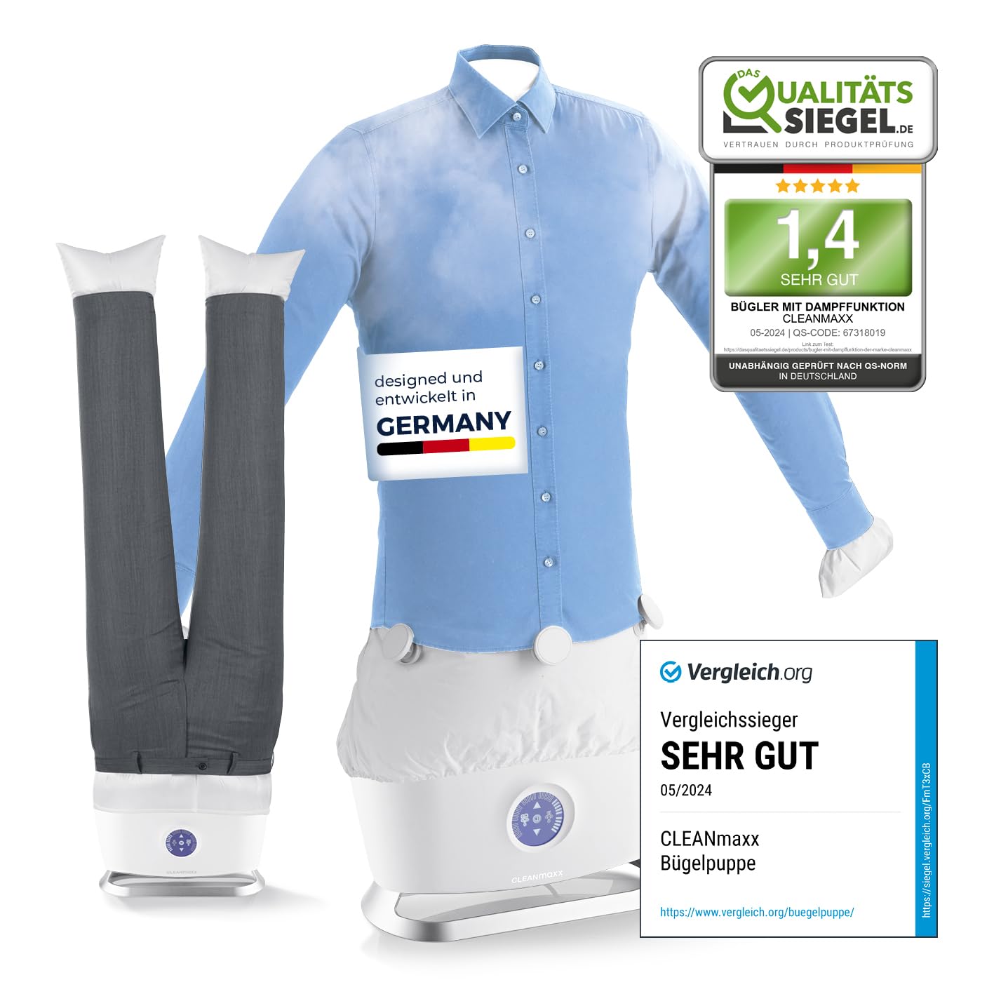 CLEANmaxx Hemdenbügler Bügelautomat – Dampf & Hosenaufsatz. Formbügler glättet & trocknet Hemden/Hosen mit Dampf.