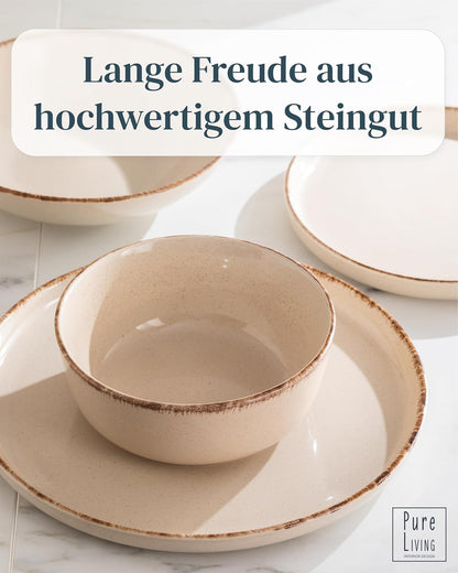 Pure Living Rustic Steingut Geschirrset - 12 Pers. 48 tlg. Beige