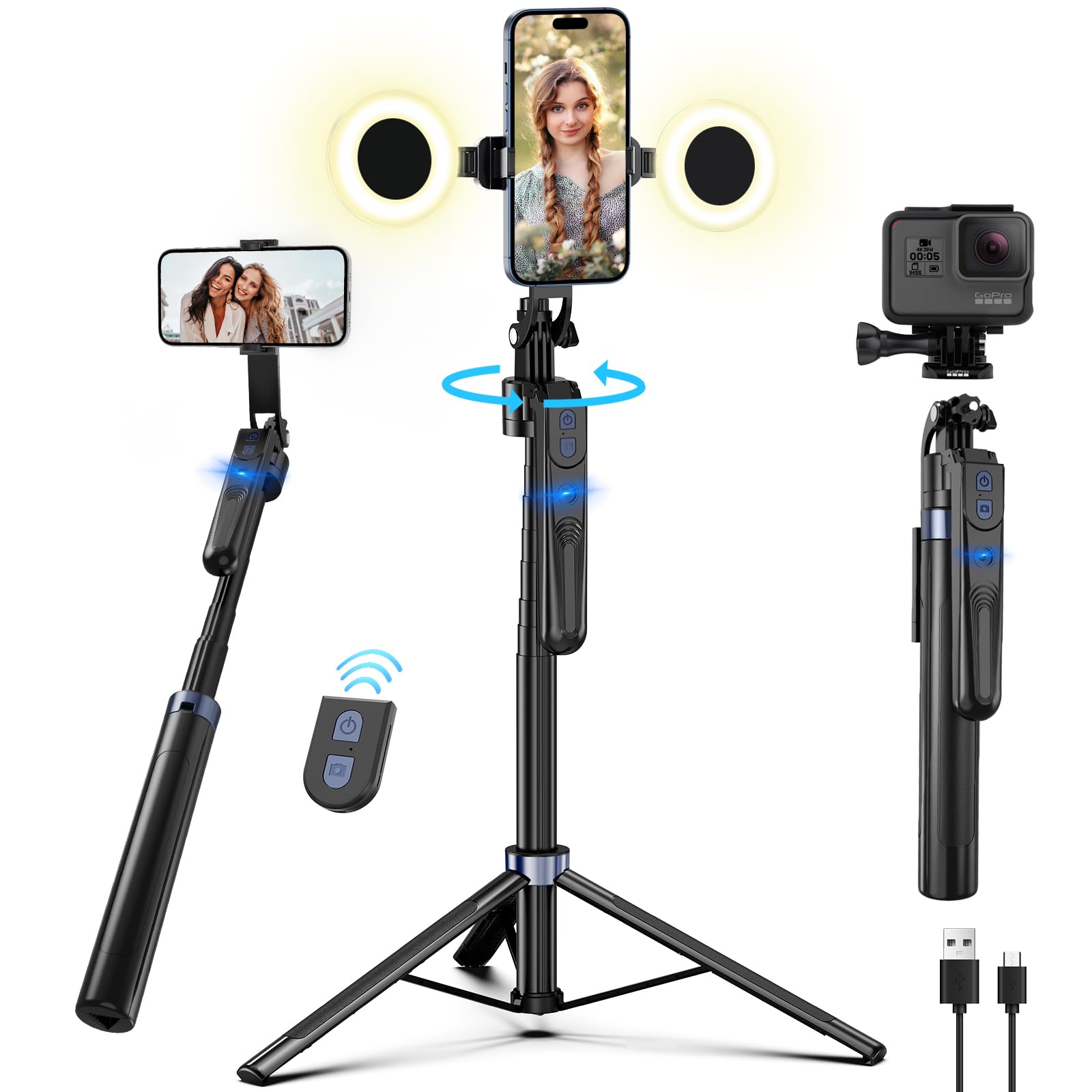 YUANRAN ES-B180S Handy Stativ mit Face Tracking, 180 cm, Licht, ausziehbares Dreibeinstativ mit Smartphone-Halterung