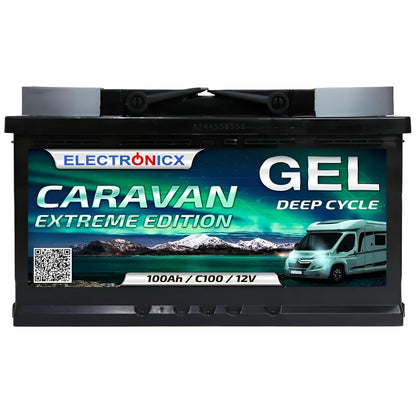 Electronicx 12V 100Ah Gel Batterie – Deep Cycle Solarbatterie, rechteckig, dunkelgrau, zur Energiespeicherung für Solaranlagen.
