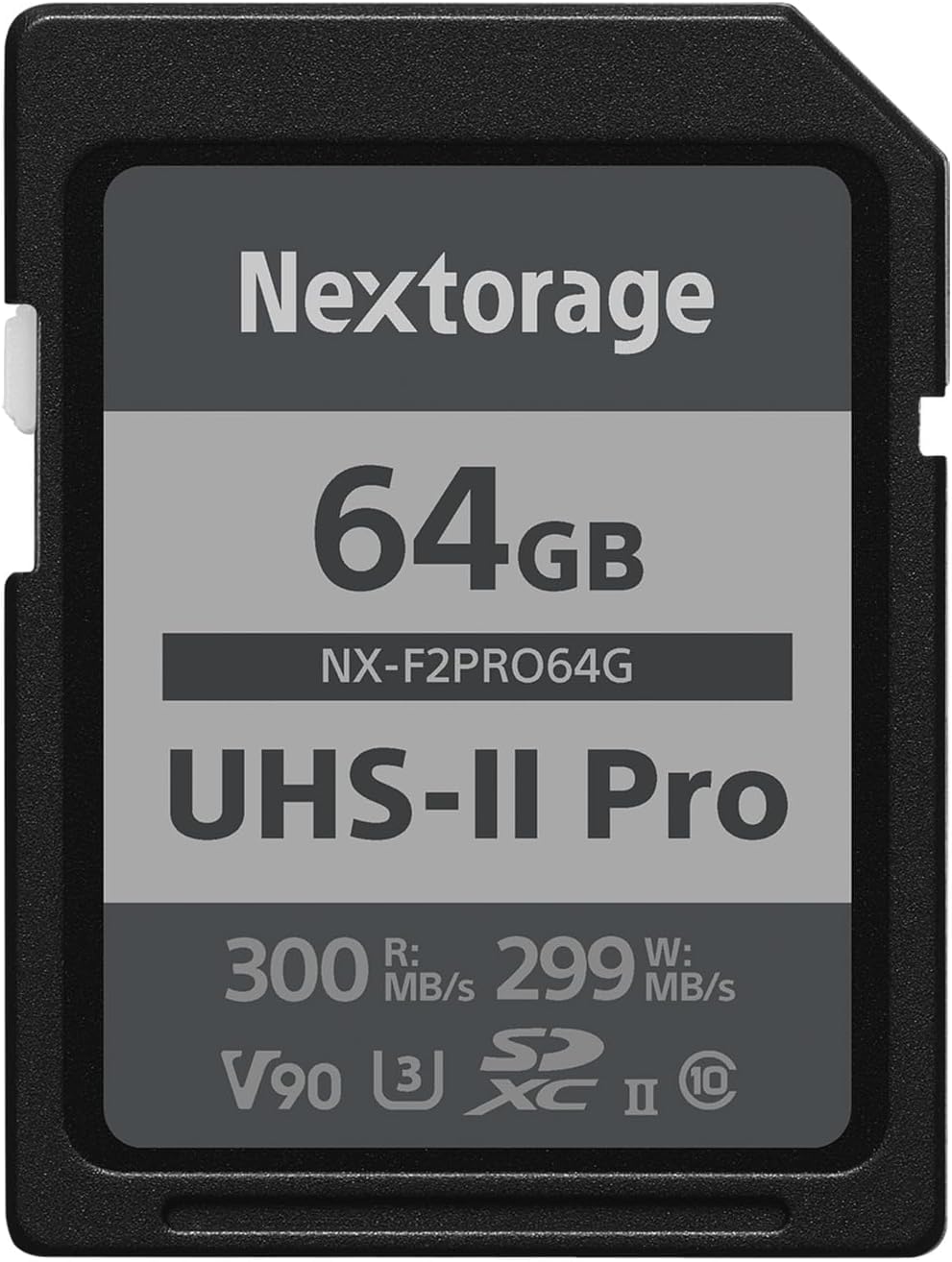 Nextorage F2PRO SD Speicherkarte - 64GB UHS-II SDXC. Rechteckige, schwarze SD-Karte für schnelle Foto- und Videoaufnahmen.
