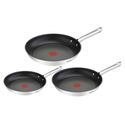 Tefal Duetto Pfannenset 3-teilig 20/24/28 cm Induktion, drei runde, silberfarbene Edelstahlpfannen zum Braten und Kochen.