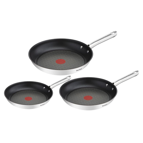 Tefal Duetto Pfannenset 3-teilig 20/24/28 cm Induktion, drei runde, silberfarbene Edelstahlpfannen zum Braten und Kochen.