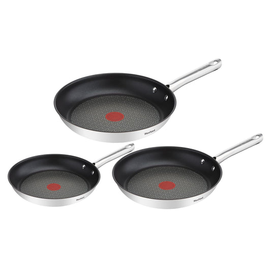 Tefal Duetto Pfannenset 3-teilig 20/24/28 cm Induktion, drei runde, silberfarbene Edelstahlpfannen zum Braten und Kochen.