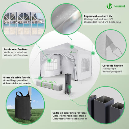 VOUNOT® Pavillon 3x3m Faltpavillon, 4 Seitenteile, Weiss