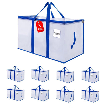 ZFWDSY Umzugstaschen 105 L, 8er-Pack Aufbewahrungstaschen, faltbar – transparentes PP-Gewebe mit blauen Griffen