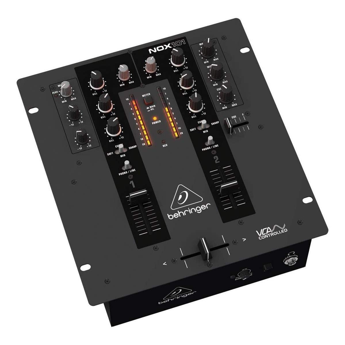 Behringer PRO MIXER NOX101 – Premium 2-Kanal DJ-Mixer. Schwarzes Gerät mit Fader & Potis zum Mischen von Audios für DJ-Sets.