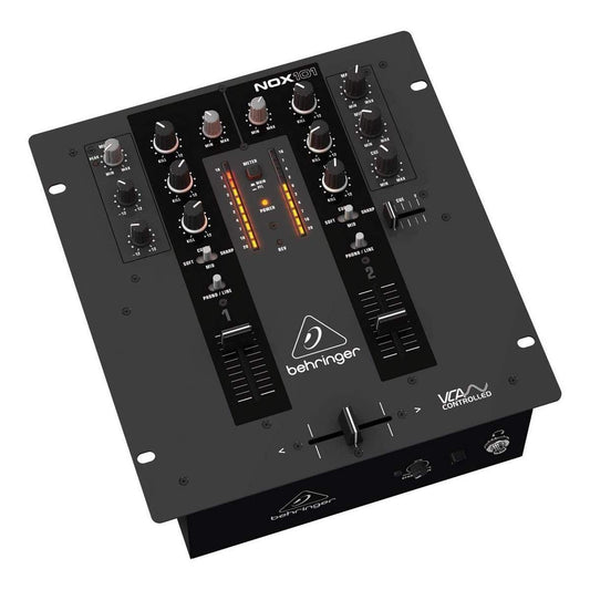 Behringer PRO MIXER NOX101 – Premium 2-Kanal DJ-Mixer. Schwarzes Gerät mit Fader & Potis zum Mischen von Audios für DJ-Sets.
