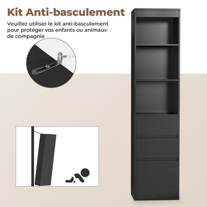 FORABAMB Badezimmerschrank Hochschrank 180 cm, 3 Schubladen, Schwarz