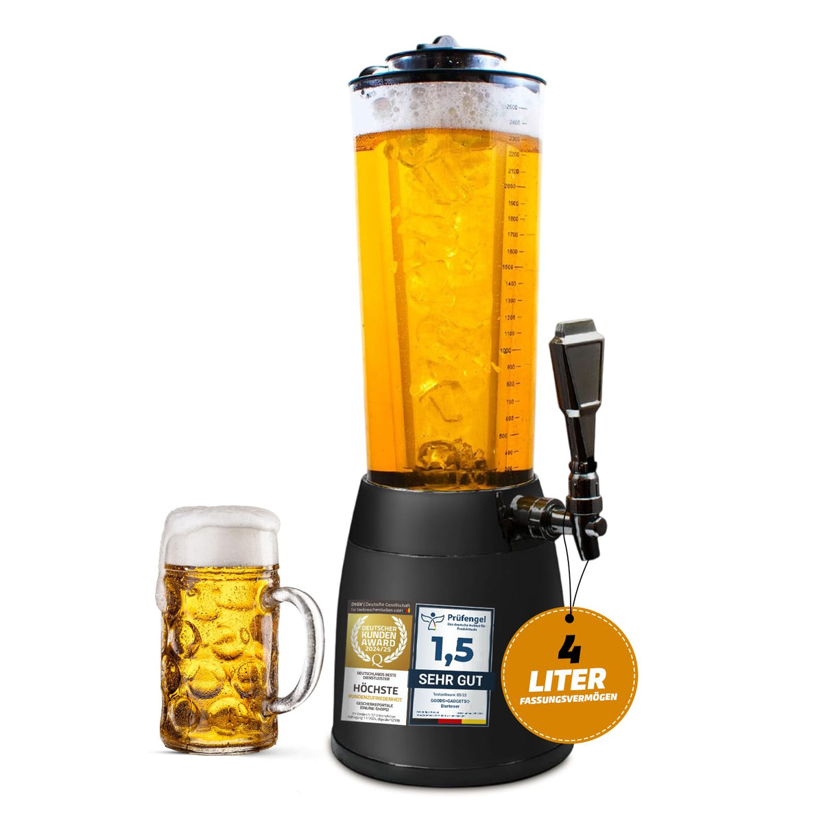GOODS+GADGETS Biertower 4 Liter – Biersäule mit LED & Eiskühlung, schwarz