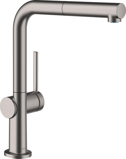 hansgrohe Talis M54 Küchenarmatur ausziehbar - Brushed Black Chrome. L-förmige Armatur in gebürstetem Schwarzchrom zur Wasserentnahme mit ausziehbarer Brause.