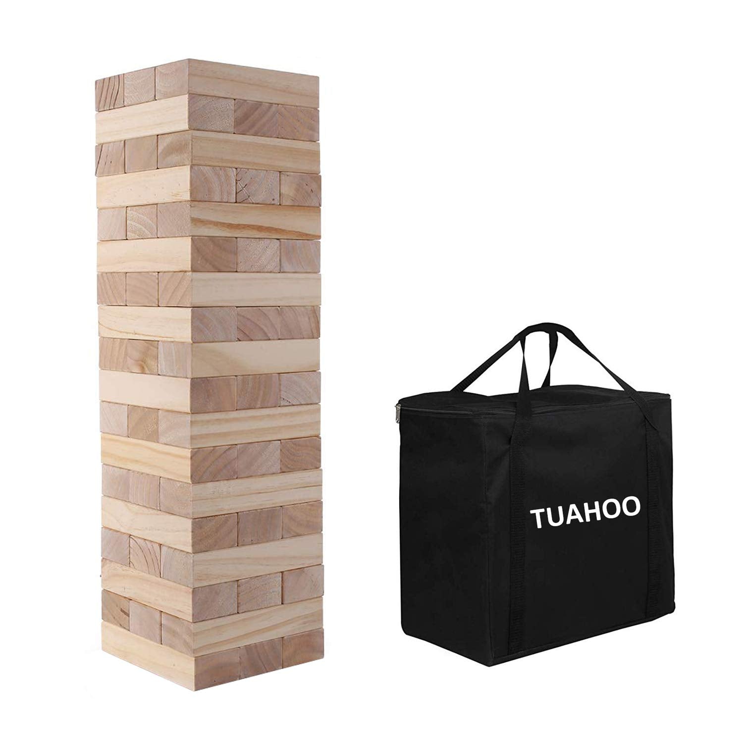 TUAHOO Riesen-Wackelturm – Holz-Stapelspiel mit 54 Blöcken & Tasche, gestapelter Turm aus Kiefernholz