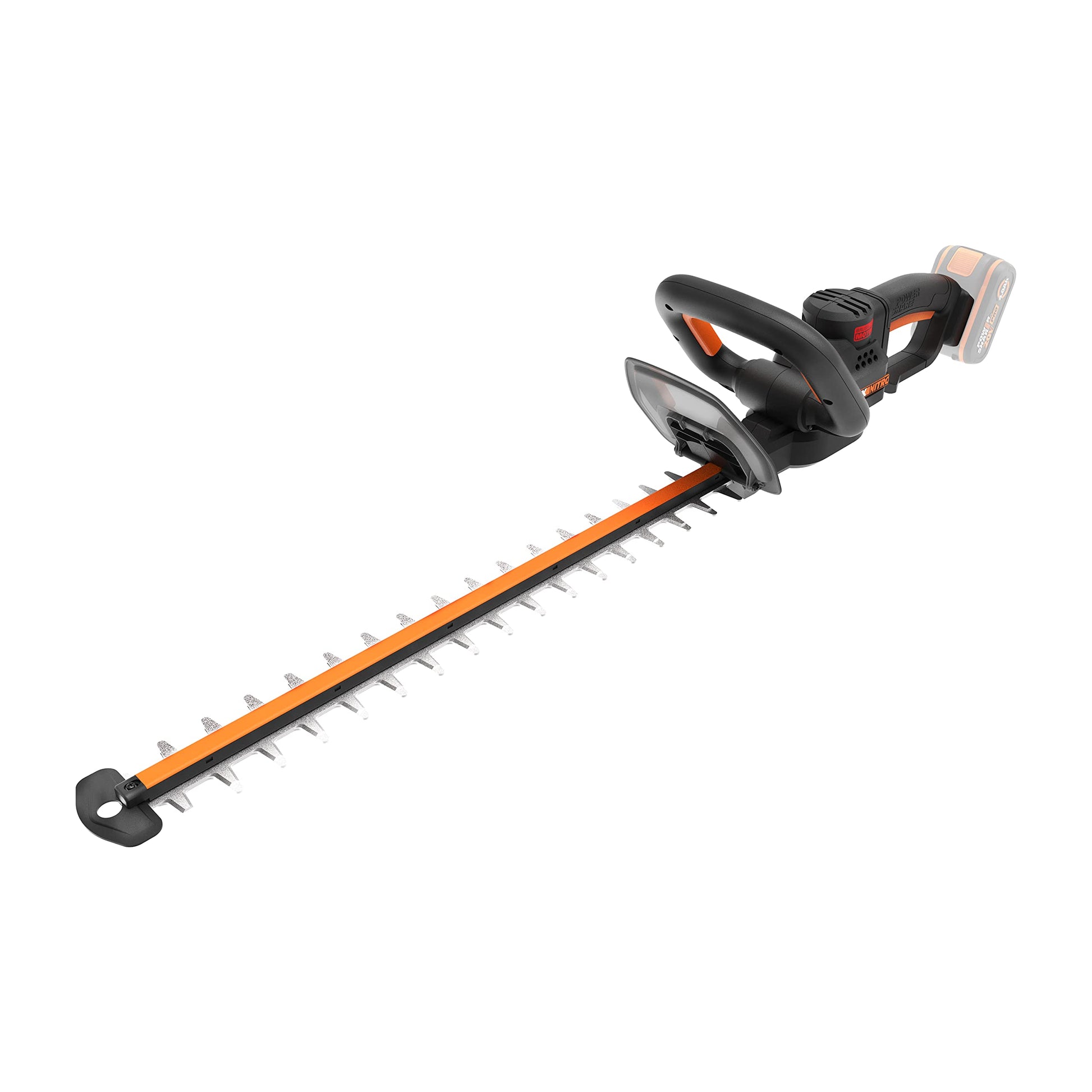 WORX WG263E.9 Nitro Akku Heckenschere 20V - Ohne Akku, orange-schwarz, langes Schwert für präzisen Heckenschnitt.