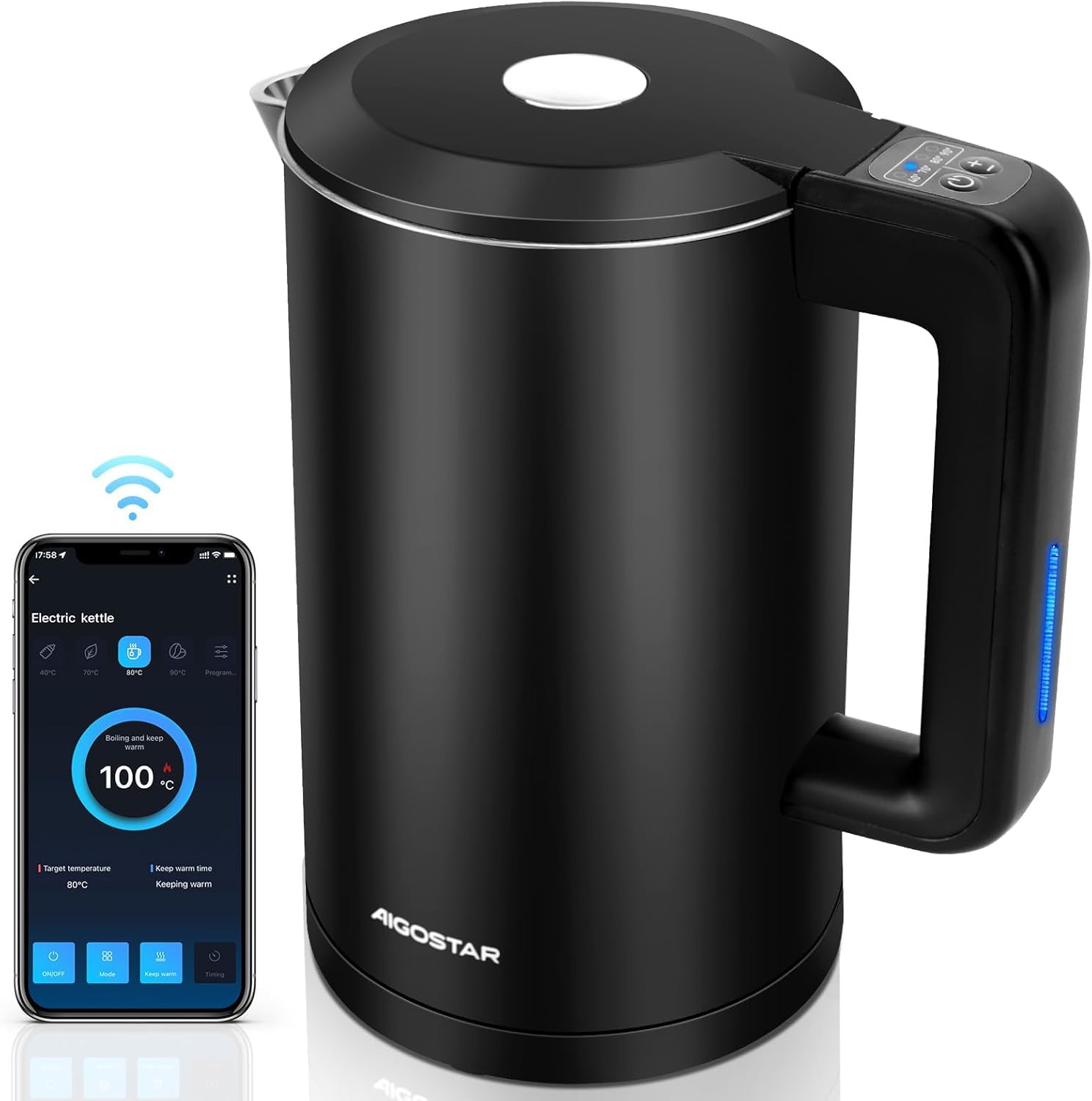 Aigostar Smart Wasserkocher mit Temperatureinstellung, 1,7 L, schwarz, doppelwandig, mit LED-Temperaturanzeige am Griff