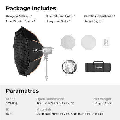 SMALLRIG LA-O90 Parabolic Softbox 90 cm, Bowens Mount, Quick Release