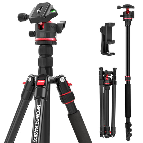 NEEWER Basics TP14B Reisestativ mit Kugelkopf, 182 cm, bis 6 kg, Dreibeinstativ mit Handyhalterung