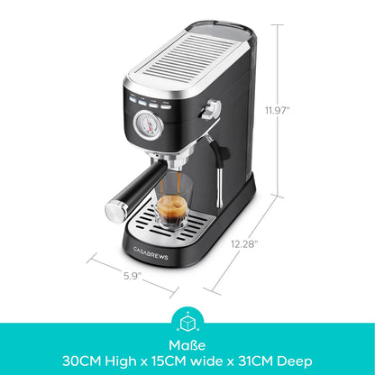 CASABREWS Espresso Siebträgermaschine 20 Bar mit Milchaufschäumer Schwarz