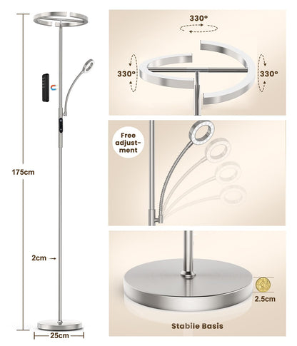 ANTENLICHT KAKA- LED Stehlampe dimmbar - Silber mit Leselampe