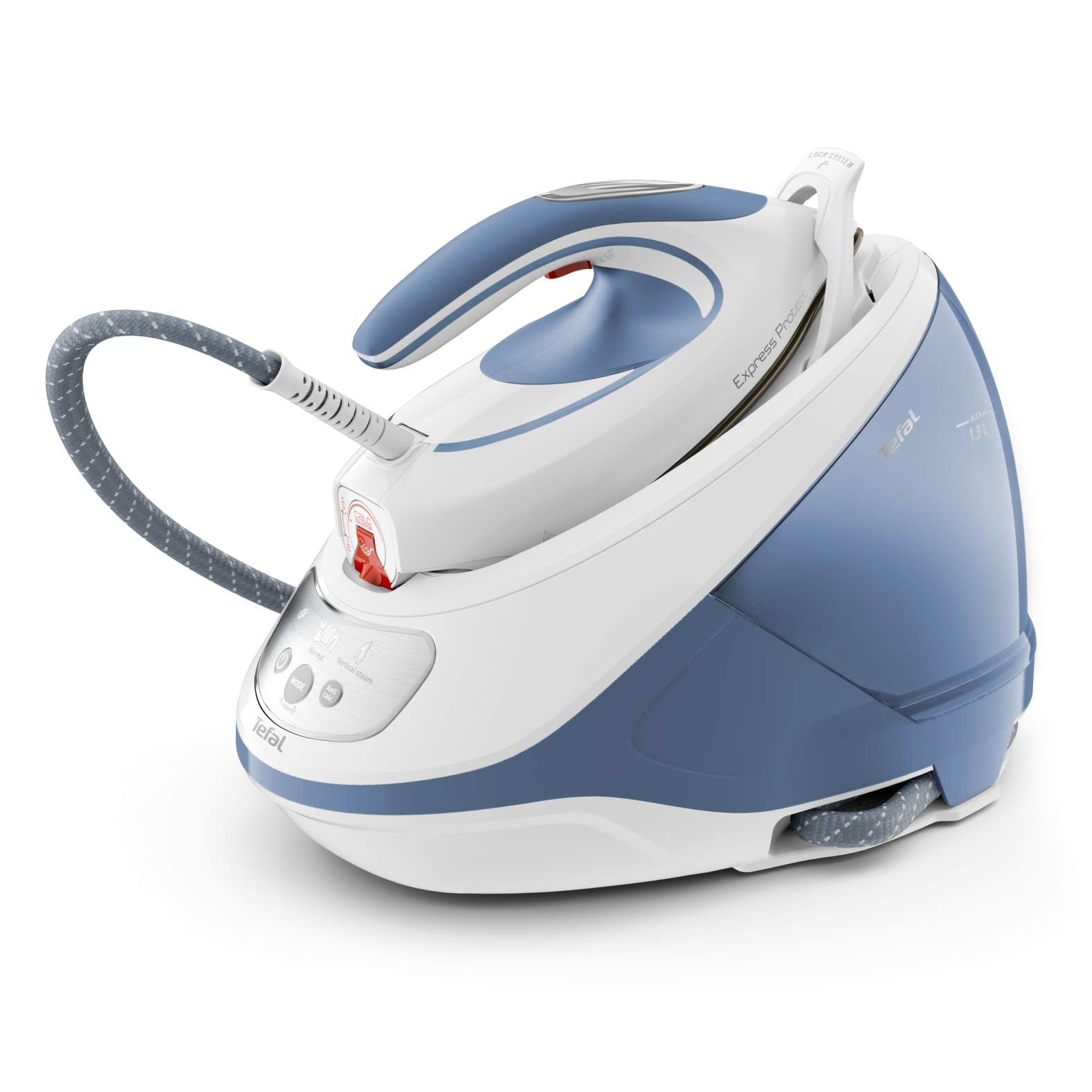 Tefal Express Protect Dampfbügelstation - SV9202 weiss/blau, weiss-blaue Dampfstation mit Bügeleisen, glättet Stoffe per Dampfdruck.
