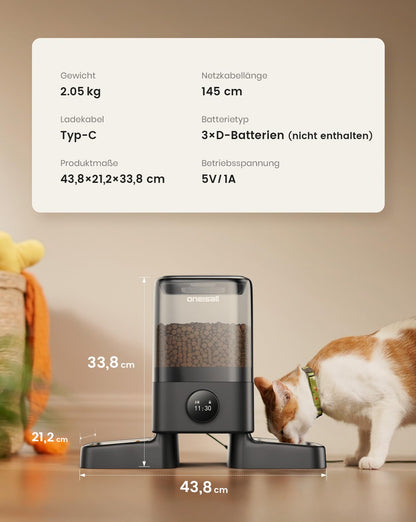 oneisall Futterautomat Katzen 5L, 2 Edelstahlnäpfe, 1-6 Mahlzeiten