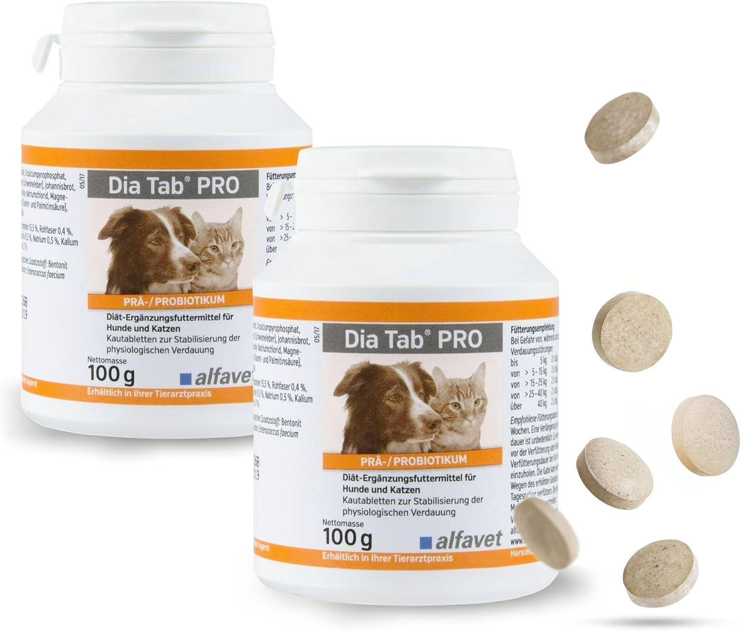 alfavet Dia Tab PRO Verdauungstabletten - 2x 100g für Hunde & Katzen. Runde, braune Tabletten unterstützen bei akuten Resorptionsstörungen des Darms.