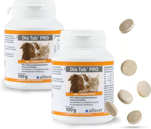 alfavet Dia Tab PRO Verdauungstabletten - 2x 100g für Hunde & Katzen. Runde, braune Tabletten unterstützen bei akuten Resorptionsstörungen des Darms.