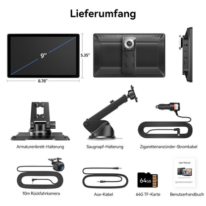 Carpeer 9 Zoll CarPlay Android Auto Display mit 4K Kamera