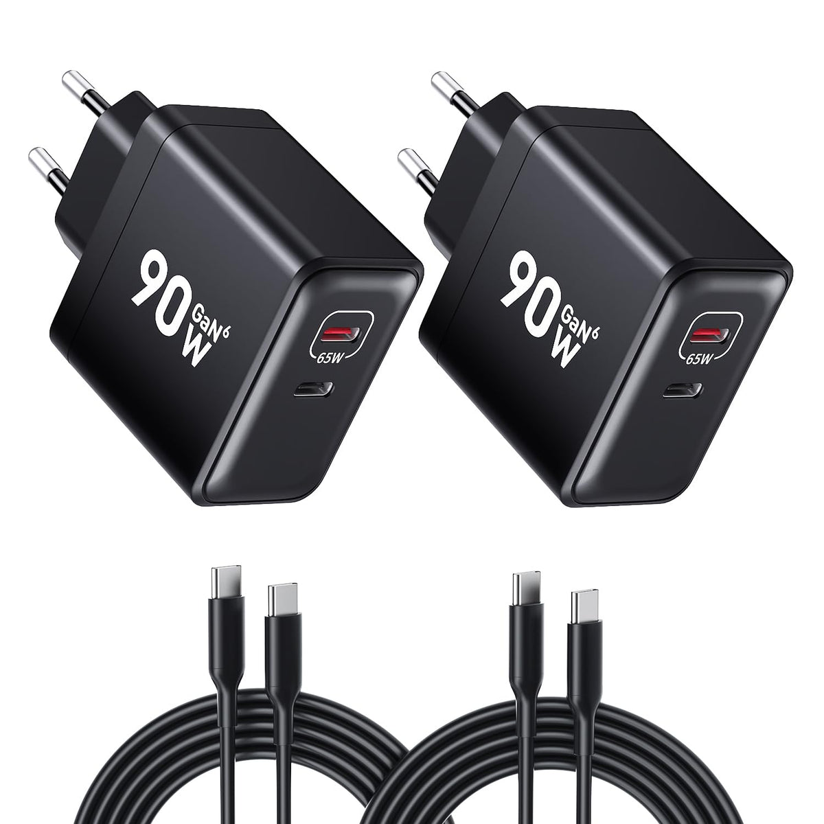 HSSNS 90W USB C Ladegerät, 2er-Pack GaN PD Schnellladegerät mit Kabel, zwei USB-C-Anschlüsse