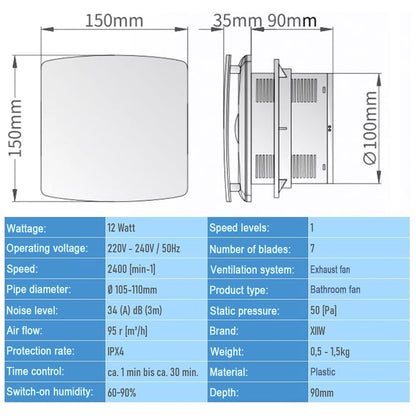 XIIW Badlüfter 100 mm mit Feuchtigkeitssensor und Rückstauklappe