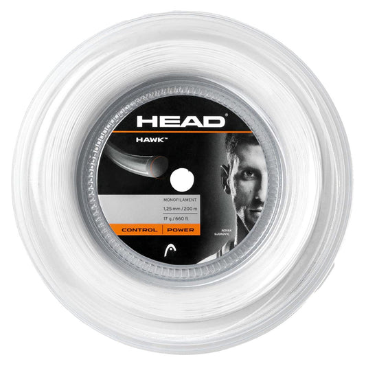 HEAD Hawk 200 Meter Tennissaite Rolle – Weiss 17. Eine weiße Saitenrolle zur Besaitung von Tennisschlägern.