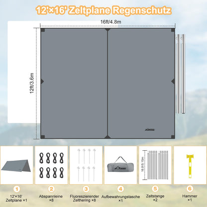 WADEO Camping Tarp Zeltplane wasserdicht 3,6 x 4,8 m mit Stangen, Grau
